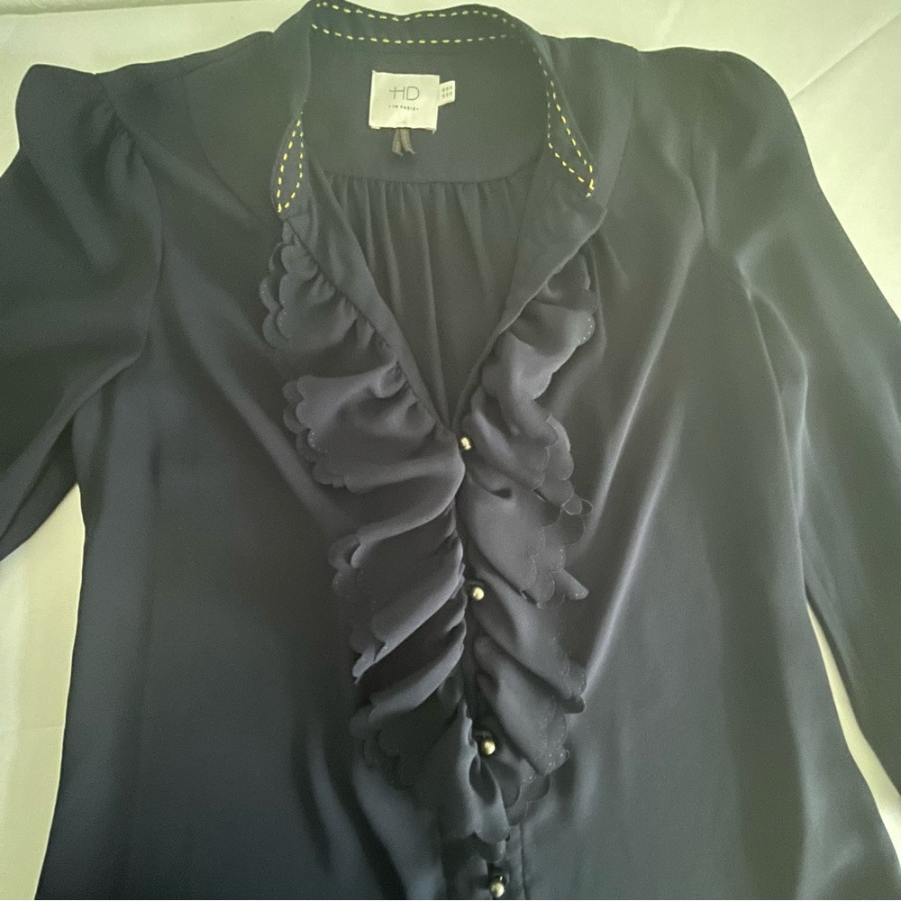HD in Paris Dark Navy Ruffle Front Blouse - Women's Top Size 4